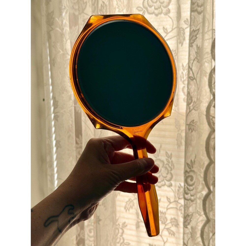 Vintage 60s Mohawk Magnifying Double Sided Lucite Amber Hand Mirror